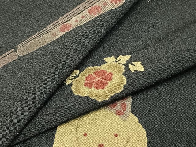 平和屋着物▽小紋 単衣 扇面花文 兎 黒地 洗える着物 AABC3853fy