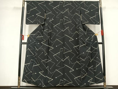 平和屋着物▽上質な小紋 単衣 幾何学文様 黒地 正絹 逸品 AABC3858fy