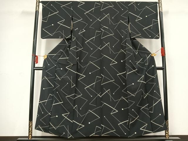 平和屋着物▽上質な小紋 単衣 幾何学文様 黒地 正絹 逸品 AABC3858fy