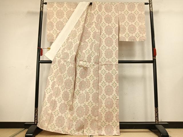 平和屋着物▽本塩沢 単衣 吉祥花文 正絹 逸品 AABC3859fy