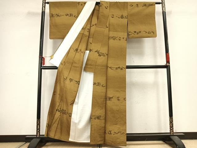 平和屋着物▽上質な紬 単衣 トンボ 蜻蛉 勝虫 蝶 燕 鯉 正絹 逸品 AABC3860fy