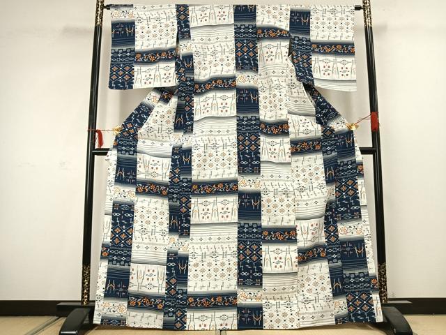 平和屋着物▽小紋 単衣 横段文 洗える着物 AABC3864fy