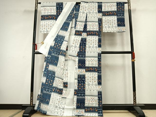 平和屋着物▽小紋 単衣 横段文 洗える着物 AABC3864fy