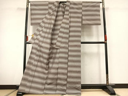 平和屋着物▽上質な紬 単衣 横段文 正絹 逸品 AABC3868fy