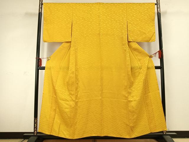 平和屋着物▽上質な色無地 単衣 紗綾形地紋 山吹色 正絹 逸品 AABC3876fy