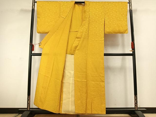 平和屋着物▽上質な色無地 単衣 紗綾形地紋 山吹色 正絹 逸品 AABC3876fy