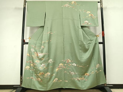 平和屋着物▽訪問着 単衣 駒刺繍 扇面花文 金彩 正絹 逸品 AABC3878fy