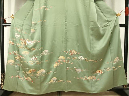 平和屋着物▽訪問着 単衣 駒刺繍 扇面花文 金彩 正絹 逸品 AABC3878fy