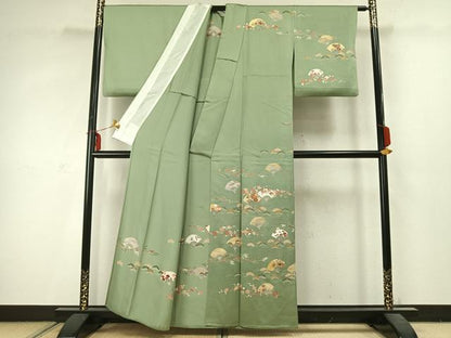 平和屋着物▽訪問着 単衣 駒刺繍 扇面花文 金彩 正絹 逸品 AABC3878fy