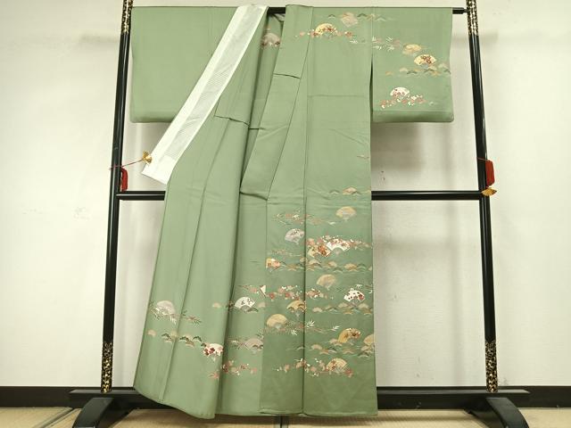 平和屋着物▽訪問着 単衣 駒刺繍 扇面花文 金彩 正絹 逸品 AABC3878fy
