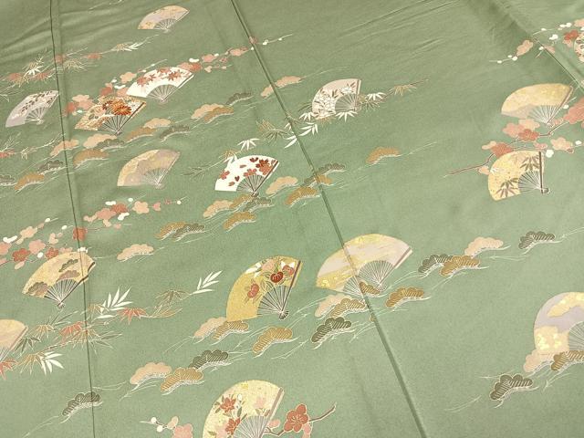 平和屋着物▽訪問着 単衣 駒刺繍 扇面花文 金彩 正絹 逸品 AABC3878fy