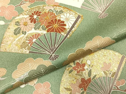 平和屋着物▽訪問着 単衣 駒刺繍 扇面花文 金彩 正絹 逸品 AABC3878fy