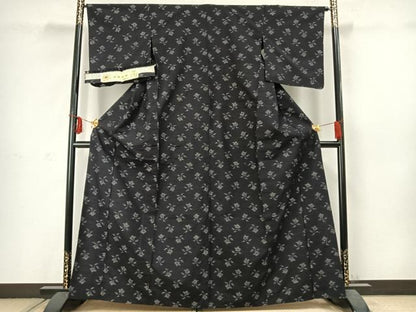 平和屋着物▽結城紬 単衣 草花文 証紙付き 正絹 逸品 AABC3884fy