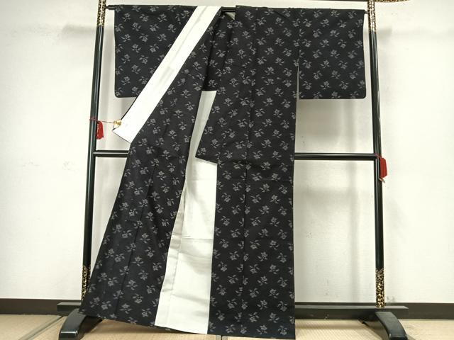平和屋着物▽結城紬 単衣 草花文 証紙付き 正絹 逸品 AABC3884fy