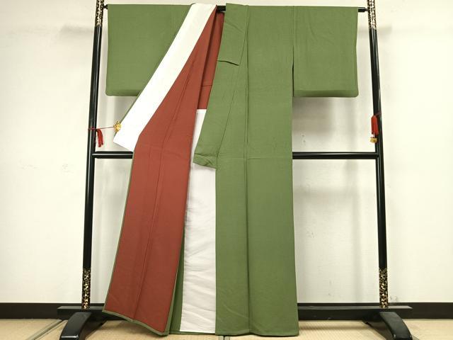 平和屋着物▽上質な色無地 単衣 草色 正絹 逸品 AABC3888fy
