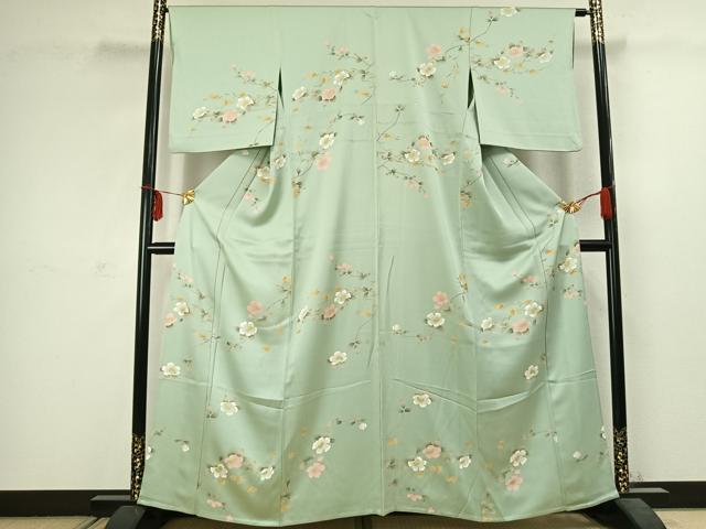 平和屋着物▽訪問着 単衣 枝花文 正絹 逸品 AABC3891fy