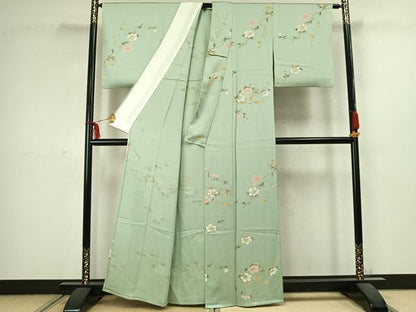 平和屋着物▽訪問着 単衣 枝花文 正絹 逸品 AABC3891fy