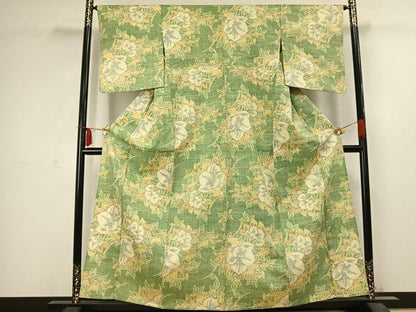 平和屋着物▽上質な紬 単衣 草花文 正絹 逸品 AABC3892fy