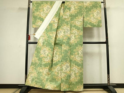 平和屋着物▽上質な紬 単衣 草花文 正絹 逸品 AABC3892fy
