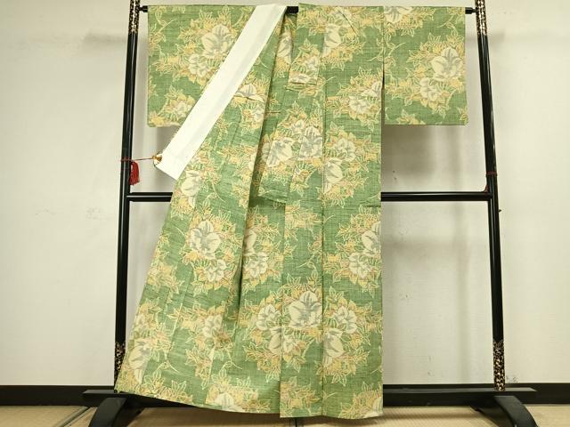 平和屋着物▽上質な紬 単衣 草花文 正絹 逸品 AABC3892fy