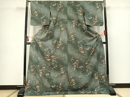 平和屋着物▽小紋 単衣 雪輪花蝶文 ロング丈 洗える着物 AABC3899fy