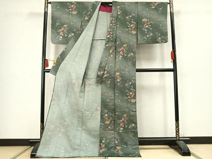 平和屋着物▽小紋 単衣 雪輪花蝶文 ロング丈 洗える着物 AABC3899fy