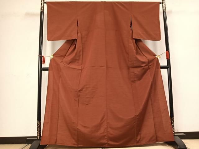 平和屋着物▽上質な紬 単衣 色無地 紅鳶色 正絹 逸品 AABC3907fy