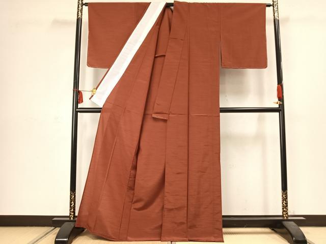 平和屋着物▽上質な紬 単衣 色無地 紅鳶色 正絹 逸品 AABC3907fy