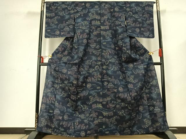 平和屋着物▽上質な紬 単衣 風景文 正絹 逸品 AABC3908fy