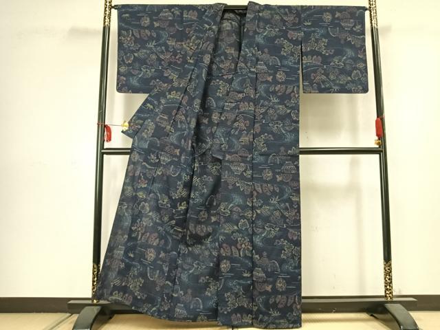 平和屋着物▽上質な紬 単衣 風景文 正絹 逸品 AABC3908fy