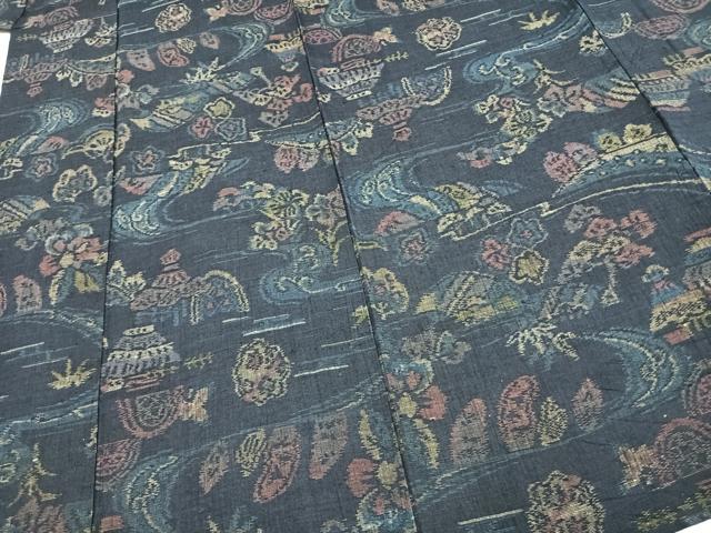 平和屋着物▽上質な紬 単衣 風景文 正絹 逸品 AABC3908fy