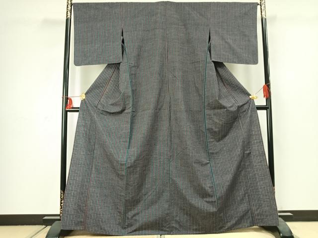 平和屋着物▽上質な紬 単衣 縞 正絹 逸品 AABC3916fy