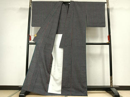 平和屋着物▽上質な紬 単衣 縞 正絹 逸品 AABC3916fy