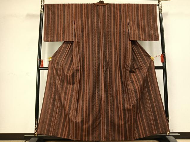 平和屋着物▽上質な小紋　単衣　紬地　草花間道　正絹　逸品　AABC3918fy