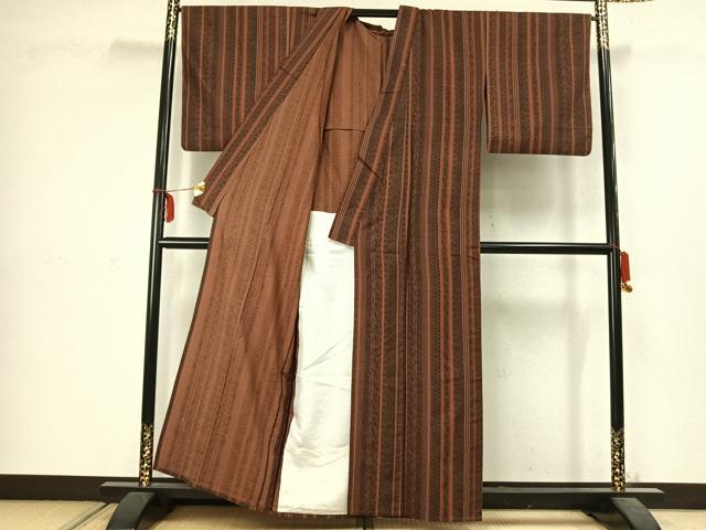 平和屋着物▽上質な小紋　単衣　紬地　草花間道　正絹　逸品　AABC3918fy