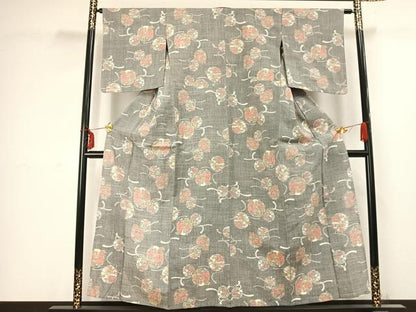平和屋着物▽上質な紬 単衣 草花文 鈴 正絹 逸品 AABC3925fy