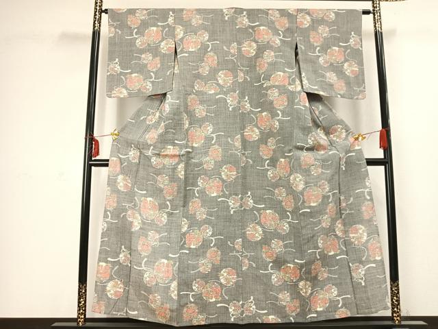 平和屋着物▽上質な紬 単衣 草花文 鈴 正絹 逸品 AABC3925fy