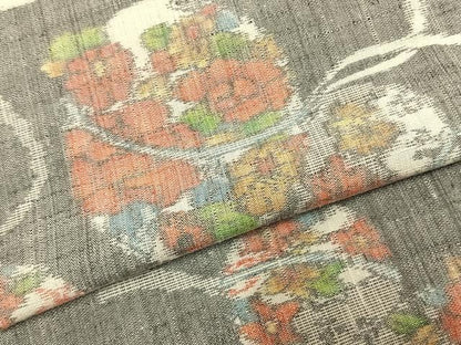 平和屋着物▽上質な紬 単衣 草花文 鈴 正絹 逸品 AABC3925fy