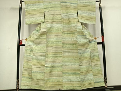 平和屋着物▽上質な紬 単衣 横段文 正絹 逸品 AABC3927fy