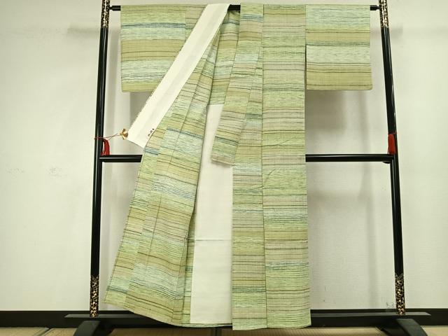 平和屋着物▽上質な紬 単衣 横段文 正絹 逸品 AABC3927fy