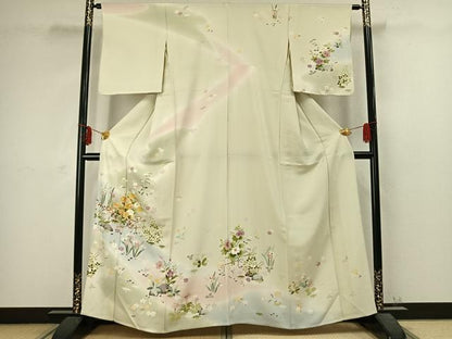 平和屋着物▽訪問着 単衣 駒刺繍 草花文 暈し染め 金彩 正絹 逸品 AABC3932fy