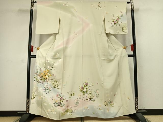 平和屋着物▽訪問着 単衣 駒刺繍 草花文 暈し染め 金彩 正絹 逸品 AABC3932fy