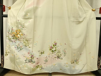 平和屋着物▽訪問着 単衣 駒刺繍 草花文 暈し染め 金彩 正絹 逸品 AABC3932fy