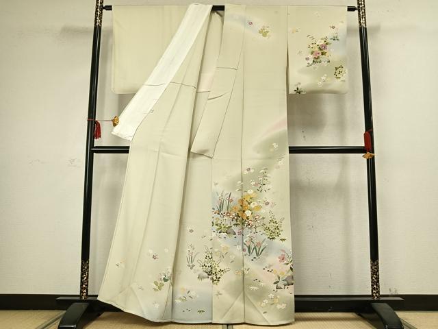 平和屋着物▽訪問着 単衣 駒刺繍 草花文 暈し染め 金彩 正絹 逸品 AABC3932fy
