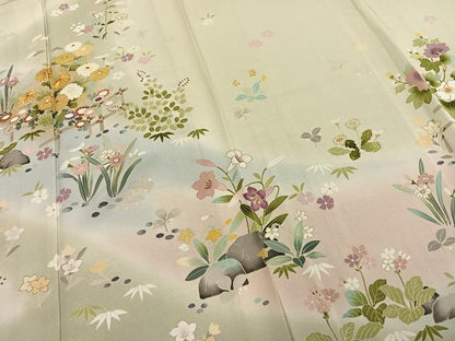 平和屋着物▽訪問着 単衣 駒刺繍 草花文 暈し染め 金彩 正絹 逸品 AABC3932fy