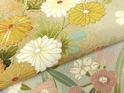 平和屋着物▽訪問着 単衣 駒刺繍 草花文 暈し染め 金彩 正絹 逸品 AABC3932fy