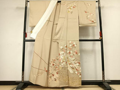 平和屋着物▽訪問着 単衣 駒刺繍 草花短冊文 金彩 正絹 逸品 AABC3933fy