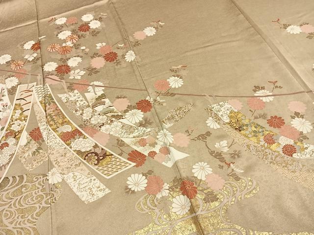 平和屋着物▽訪問着 単衣 駒刺繍 草花短冊文 金彩 正絹 逸品 AABC3933fy