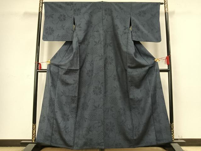 平和屋着物▽本塩沢　単衣　110亀甲　花唐草文　正絹　逸品　AABC3935fy