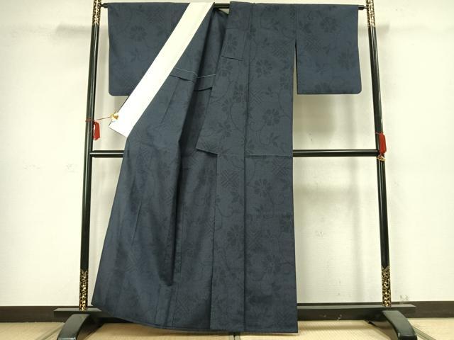 平和屋着物▽本塩沢　単衣　110亀甲　花唐草文　正絹　逸品　AABC3935fy